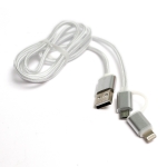 Кабель PowerPlant Quick Charge 2A 2-в-1 cotton USB 2.0 AM – Lightning/Micro 1m silver